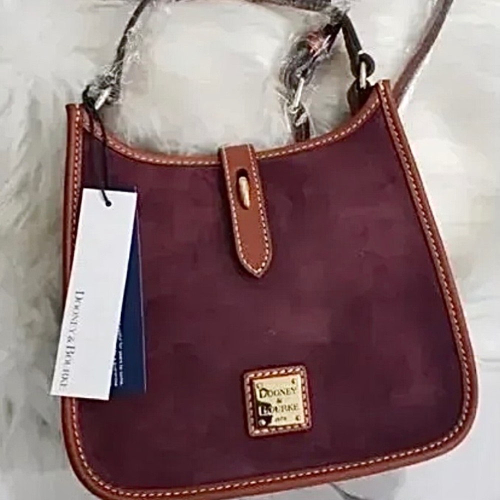 New Dooney and Bourke Small Crossbody Messenger Bag Purse Suede Leather Wine Tan - Picture 2 of 5